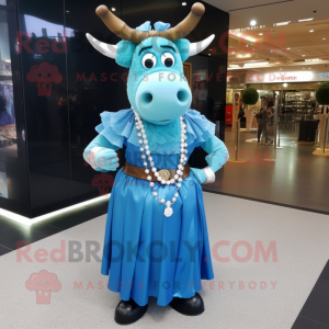 Sky Blue Beef Wellington mascot costume character dressed with a Evening Gown and Necklaces