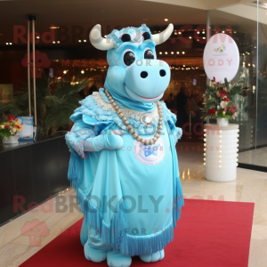 Sky Blue Beef Wellington mascot costume character dressed with a Evening Gown and Necklaces