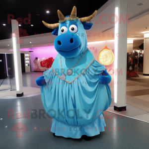 Sky Blue Beef Wellington mascot costume character dressed with a Evening Gown and Necklaces