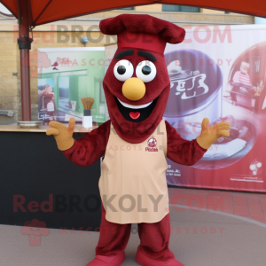 Maroon Paella mascot costume character dressed with a Long Sleeve Tee and Scarf clips