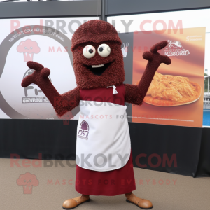 Maroon Paella mascot costume character dressed with a Long Sleeve Tee and Scarf clips