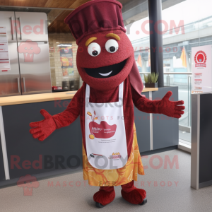 Maroon Paella mascot costume character dressed with a Long Sleeve Tee and Scarf clips