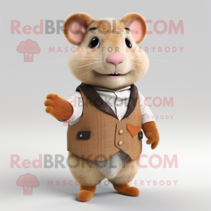 Tan Hamster mascot costume character dressed with a Waistcoat and Mittens