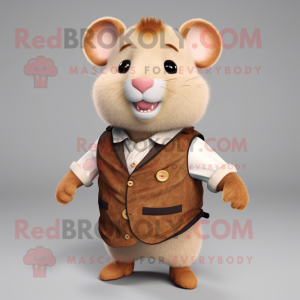 Tan Hamster mascot costume character dressed with a Waistcoat and Mittens