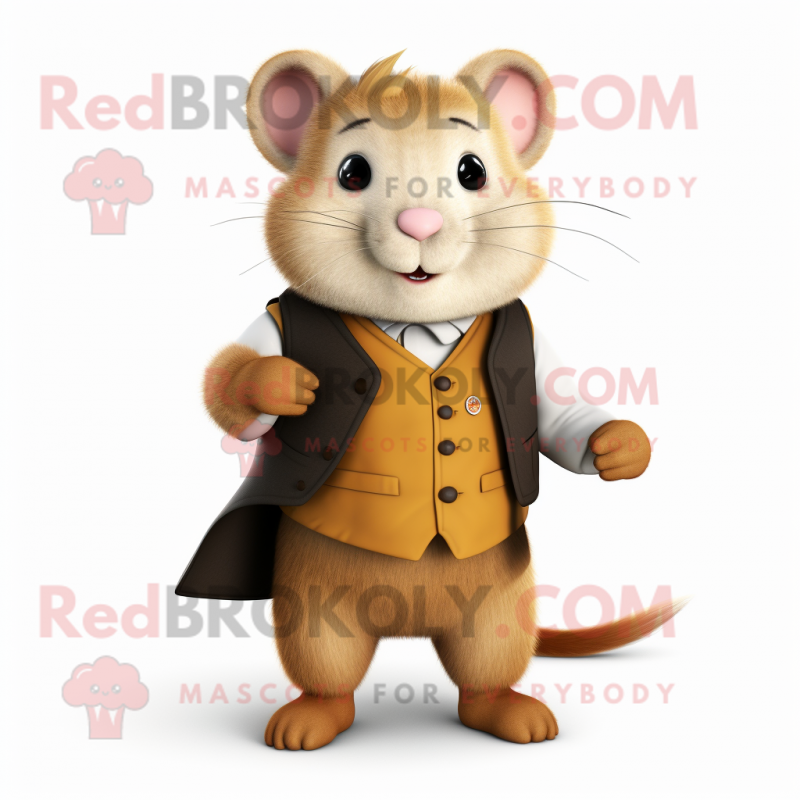 Tan Hamster mascot costume character dressed with a Waistcoat and Mittens