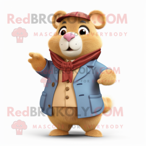 Tan Hamster mascot costume character dressed with a Waistcoat and Mittens