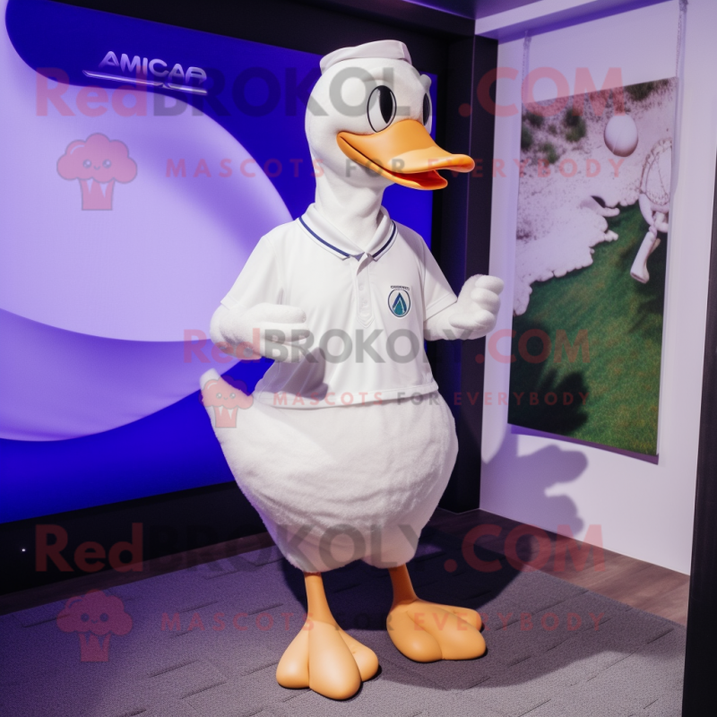 White Swan mascot costume character dressed with a Polo Tee and Clutch bags