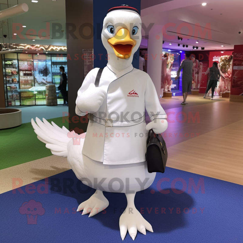 White Swan mascot costume character dressed with a Polo Tee and Clutch bags White Swan mascot costume character dressed with a Polo Tee and Clutch bags