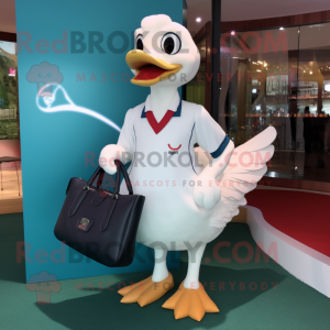 White Swan mascot costume character dressed with a Polo Tee and Clutch bags