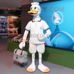 White Swan mascot costume character dressed with a Polo Tee and Clutch bags