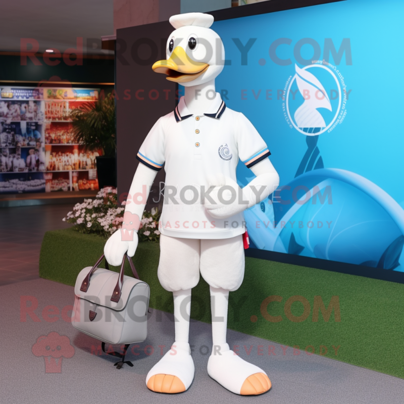 White Swan mascot costume character dressed with a Polo Tee and Clutch bags