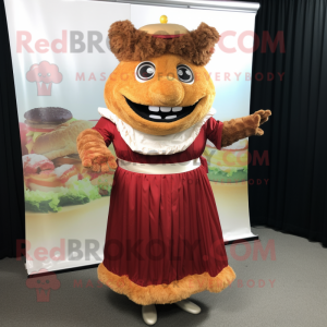 nan Pulled Pork Sandwich mascot costume character dressed with a Evening Gown and Belts