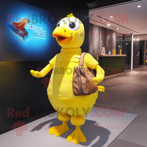 Yellow Pigeon mascot costume character dressed with a Tank Top and Handbags