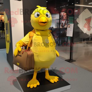 Yellow Pigeon mascot costume character dressed with a Tank Top and Handbags