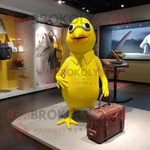 Yellow Pigeon mascot costume character dressed with a Tank Top and Handbags