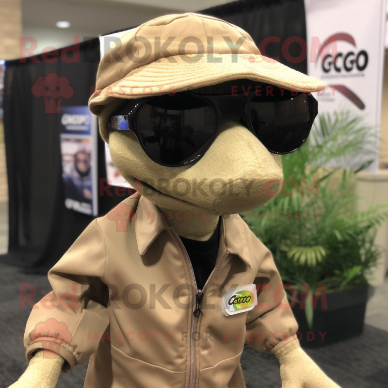 Tan Coelophysis mascot costume character dressed with a Jacket and Eyeglasses