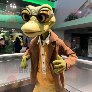 Tan Coelophysis mascot costume character dressed with a Jacket and Eyeglasses