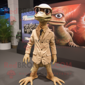 Tan Coelophysis mascot costume character dressed with a Jacket and Eyeglasses