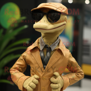 Tan Coelophysis mascot costume character dressed with a Jacket and Eyeglasses