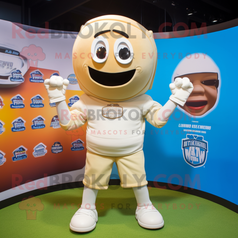 Cream American Football Helmet mascot costume character dressed with a T-Shirt and Headbands