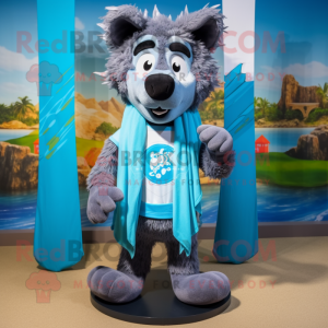 Cyan Hyena mascot costume character dressed with a Board Shorts and Scarf clips
