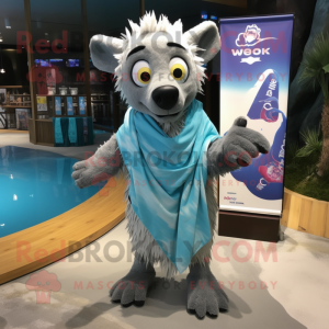 Cyan Hyena mascot costume character dressed with a Board Shorts and Scarf clips