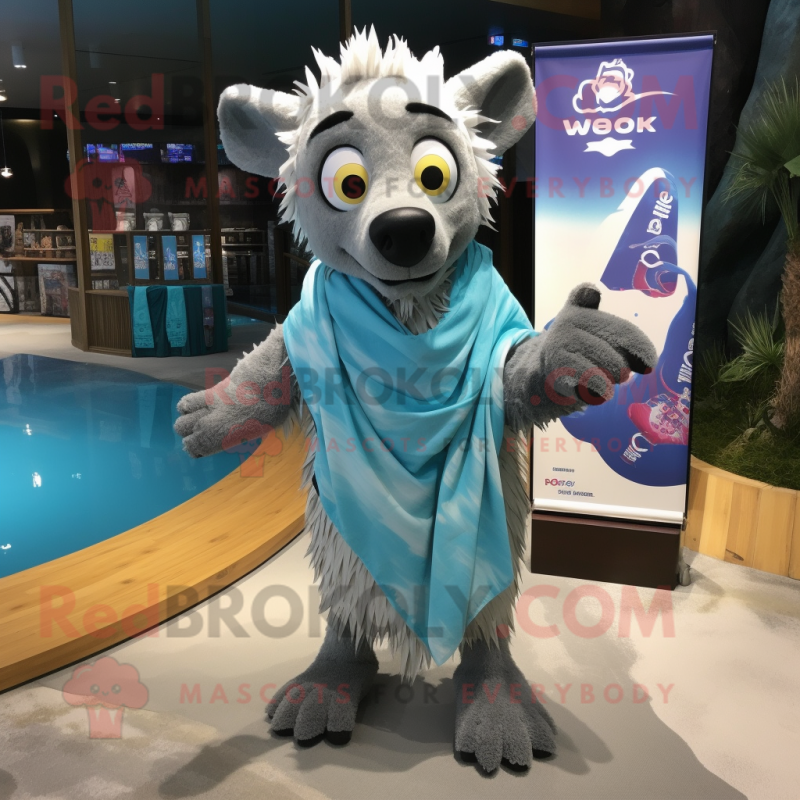 Cyan Hyena mascot costume character dressed with a Board Shorts and Scarf clips Cyan Hyena mascot costume character dressed with a Board Shorts and Scarf clips