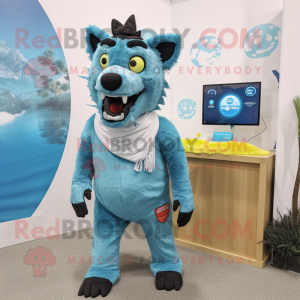 Cyan Hyena mascot costume character dressed with a Board Shorts and Scarf clips