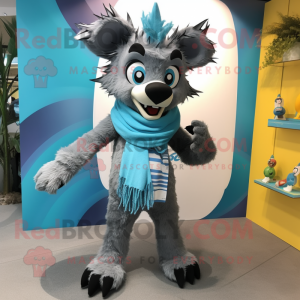 Cyan Hyena mascot costume character dressed with a Board Shorts and Scarf clips