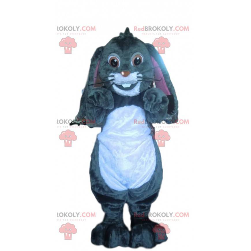 Mascotte de lapin gris avec ses belles oreilles tombantes -