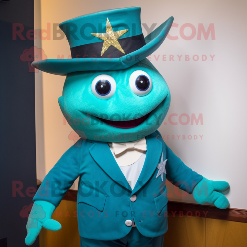 Teal Starfish mascot costume character dressed with a Suit and Hats