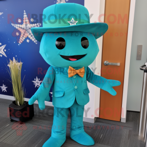 Teal Starfish mascot costume character dressed with a Suit and Hats