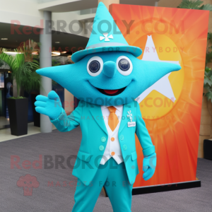 Teal Starfish mascot costume character dressed with a Suit and Hats