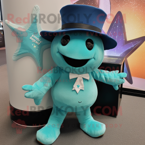 Teal Starfish mascot costume character dressed with a Suit and Hats