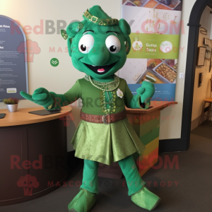 Green Tikka Masala mascot costume character dressed with a Romper and Necklaces