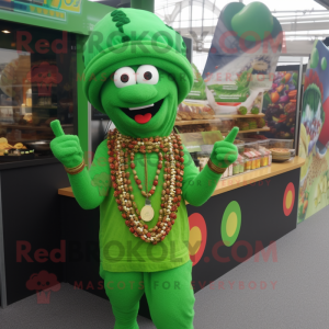 Green Tikka Masala mascot costume character dressed with a Romper and Necklaces