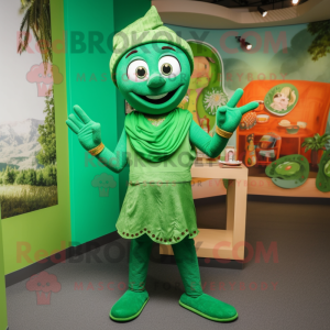 Green Tikka Masala mascot costume character dressed with a Romper and Necklaces