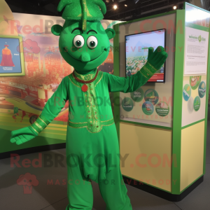 Green Tikka Masala mascot costume character dressed with a Romper and Necklaces