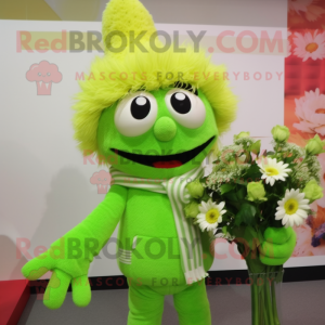 Lime Green Bouquet Of Flowers mascot costume character dressed with a Sweater and Caps
