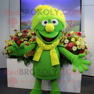 Lime Green Bouquet Of Flowers mascot costume character dressed with a Sweater and Caps