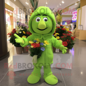 Lime Green Bouquet Of Flowers mascot costume character dressed with a Sweater and Caps