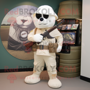 Cream Sniper mascot costume character dressed with a Dress Pants and Wallets