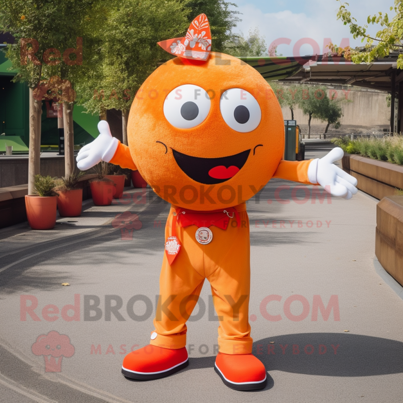 Orange Petanque Ball mascot costume character dressed with a Flare Jeans and Scarves Orange Petanque Ball mascot costume character dressed with a Flare Jeans and Scarves