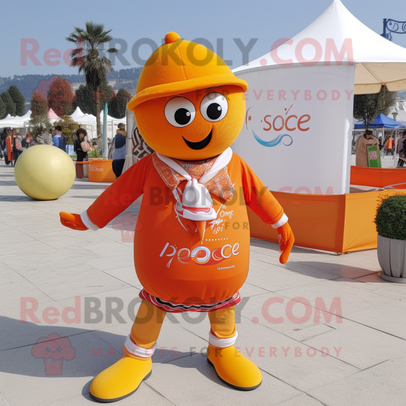 Orange Petanque Ball mascot costume character dressed with a Flare Jeans and Scarves Orange Petanque Ball mascot costume character dressed with a Flare Jeans and Scarves