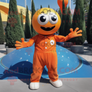 Orange Petanque Ball mascot costume character dressed with a Flare Jeans and Scarves