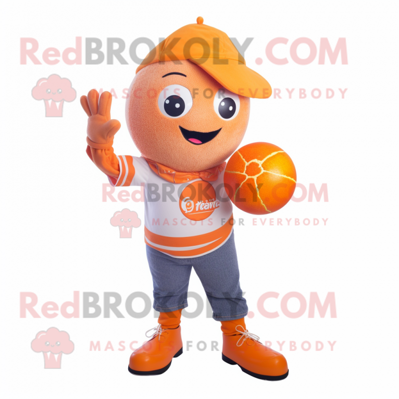 Orange Petanque Ball mascot costume character dressed with a Flare Jeans and Scarves Orange Petanque Ball mascot costume character dressed with a Flare Jeans and Scarves