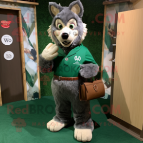 Forest Green Say Wolf mascot costume character dressed with a Henley Tee and Handbags