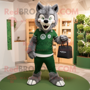 Forest Green Say Wolf mascot costume character dressed with a Henley Tee and Handbags