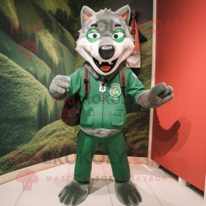 Forest Green Say Wolf mascot costume character dressed with a Henley Tee and Handbags