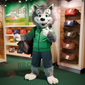 Forest Green Say Wolf mascot costume character dressed with a Henley Tee and Handbags